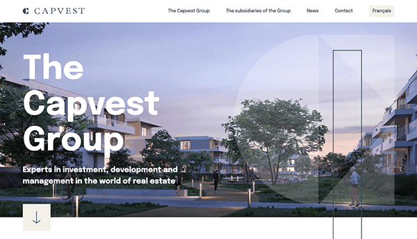 Website homepage of the capvest group, highlighting their expertise in real estate investment, development, and management, with a background image of modern residential buildings.