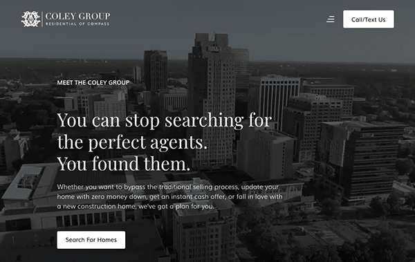A screenshot of a real estate website homepage featuring a cityscape background and an advertisement for finding real estate agents.