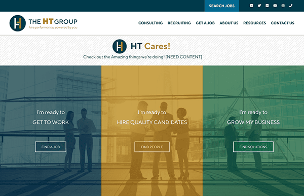 Webpage snapshot of "the ht group" featuring services for consulting, recruiting, and job searching, with an overlay of business professionals in the background.