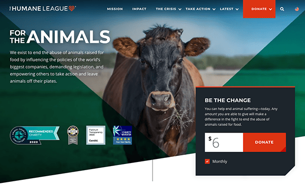 A website homepage of 'the humane league' with a call to action for donations to help animals, featuring an image of a cow.