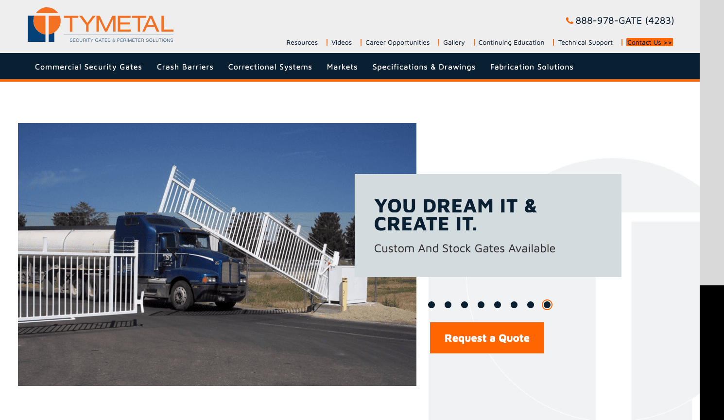 Commercial security gate company website showcasing a blue truck passing through a large white automated gate with the slogan "you imagine it, we create it.