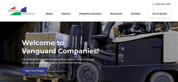 Website homepage of vanguard companies featuring a forklift in a warehouse and a welcome message with a call-to-action button.