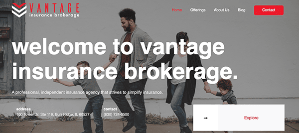 Website homepage banner for vantage insurance brokerage featuring a text overlay that reads "welcome to vantage insurance brokerage" with an image of two adults and a child casually walking in an urban setting, reflecting.