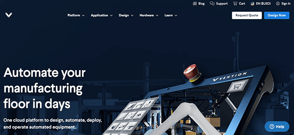 Website homepage for an industrial automation company showcasing their platform with a robotic arm in operation.