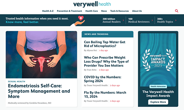 Health website homepage featuring articles on sexual health, boiling tap water to remove microplastics, and verywell health impact awards 2023.