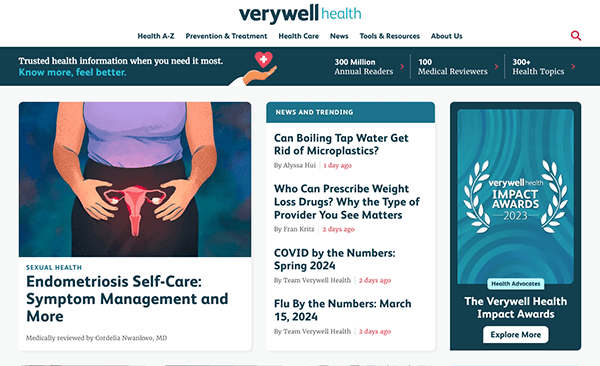 Health website homepage featuring articles on sexual health, boiling tap water to remove microplastics, and verywell health impact awards 2023.