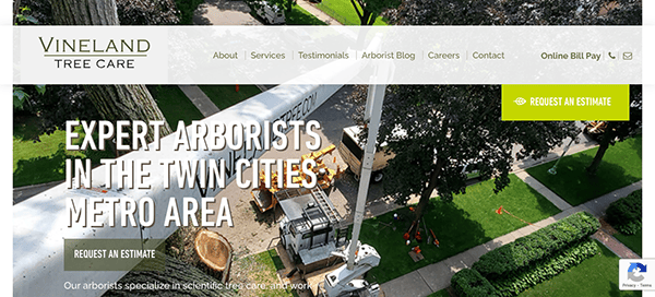 Aerial view of arborists working on a tree care job with their equipment on a residential lawn.