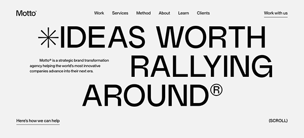 A website homepage featuring the slogan "ideas worth rallying around" for motto, a brand transformation agency.