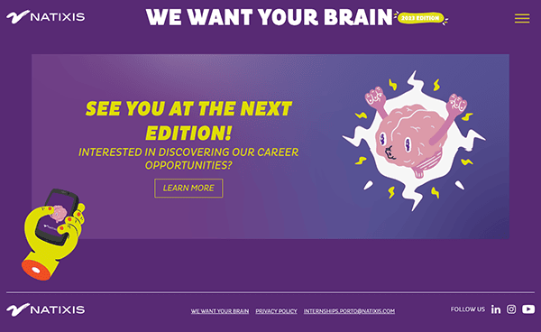 A promotional website banner for natixis featuring a call to action "we want your brain" for career opportunities with a cartoon brain surrounded by animated hands and a person holding a megaphone.