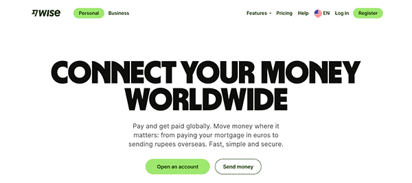 A screen shot of a website that says connect your money worldwide.