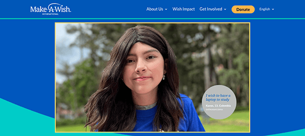 Young woman featured on a make-a-wish international promotional banner with text expressing her wish for a laptop to study.