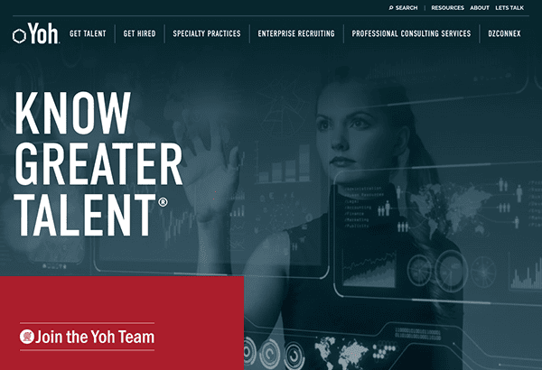 Corporate recruitment website homepage with a call-to-action button inviting visitors to join the team.