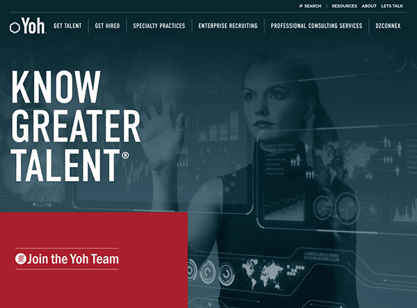 Corporate recruitment website homepage with a call-to-action button inviting visitors to join the team.