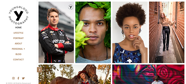 A collage of various portraits including a race car driver, individuals with nature elements, a woman in an urban alley, and a person with a horse, illustrating the diverse portfolio of a photography studio.