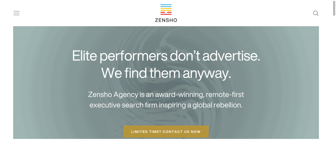 Web page banner for zensho agency featuring their slogan, "elite performers don't advertise. we find them anyway," promoting their executive search services.