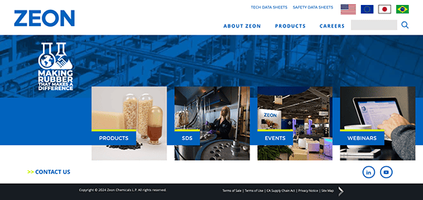 Screenshot of the zeon corporation's homepage featuring navigation tabs, images of products, and various information sections like events and webinars.