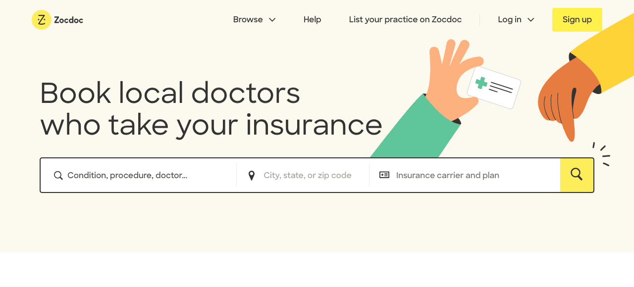 Website interface for booking doctor's appointments, featuring a search bar for locating local doctors by insurance coverage.
