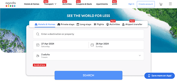 Screenshot of agoda's homepage showing options to book hotels, homes, flights, and transport, with a search panel set for a hotel stay from april 27 to april 28, 2024.