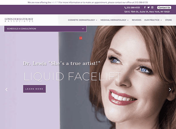 Website homepage of a dermatology clinic featuring a smiling woman with text advertising a "liquid facelift" by dr. lewis.