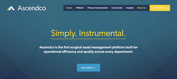 Website homepage for ascendco featuring a blue background with text about their surgical asset management platform and a "learn more" button.