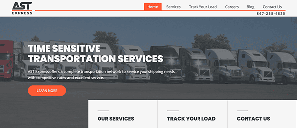 Website homepage for ast express featuring a header with contact information, navigation menu, and an image of trucks lined up, highlighting their time-sensitive transportation services.