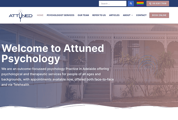 Website homepage of attuned psychology featuring a banner with the text "welcome to attuned psychology" over an image of the clinic's facade, offering psychology and therapeutic services.