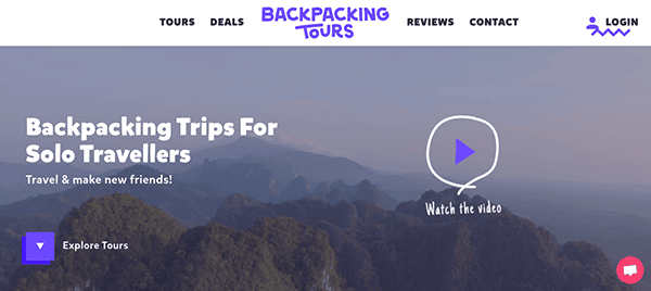 Website header for "backpacking tours" with navigation links, featuring a mountainous backdrop and a promotional video button for solo travelers.
