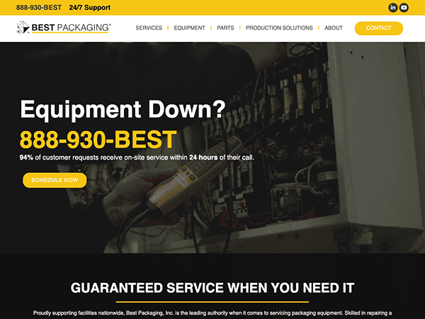 A technician examines equipment in a storage room filled with various industrial parts, with promotional text overlay for best packaging services.