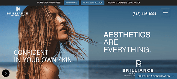 Woman with windswept hair faces right, half-profile, with text "confident in your own skin." and "aesthetics are everything." on a dermatology clinic advertisement.