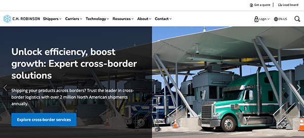 Website homepage of c.h. robinson featuring a header with navigation menu and an image of a truck at a loading dock with text about cross-border shipping solutions.