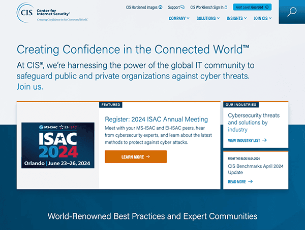 Website homepage for the center for internet security, showcasing information on the 2024 isac annual meeting and cybersecurity solutions.