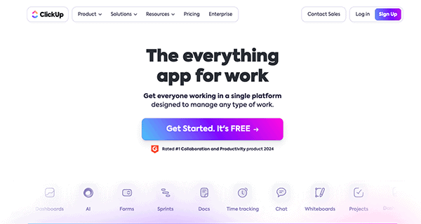Homepage of clickup website showcasing tagline "the everything, get everyone working in a single platform," with navigation menu and a sign-up button.