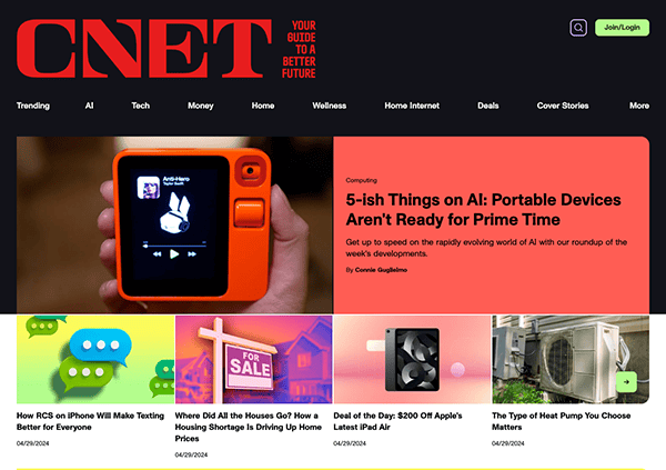 Website homepage of cnet featuring articles on technology, with a focus on ai, portable devices, and tech deals, displayed in a vibrant layout with multiple images and headlines.