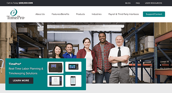 Five smiling professionals of diverse backgrounds stand in a warehouse on the timepro website homepage.