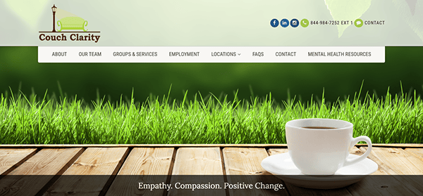 Website header for "couch clarity," featuring a logo, navigation menu, contact details, and an image of a coffee cup on a wooden desk overlooking a lush green lawn.