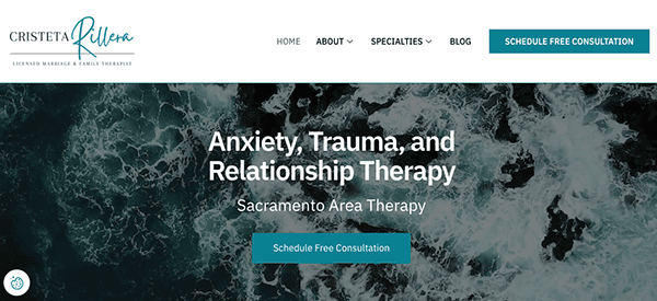 Website homepage for cristea & allen therapy services, featuring a banner with a turbulent ocean background and text offering anxiety, trauma, and relationship therapy in the sacramento area.