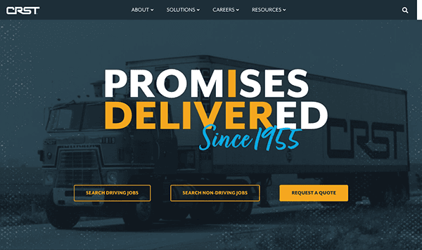 Website homepage for crst featuring a truck with text overlay "promises delivered since 1955" and buttons for job searches and quotes.