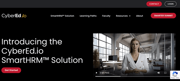 Website homepage for cybered.io featuring a banner ad introducing the smarthrm™ solution with an image of a professional woman in an office setting.