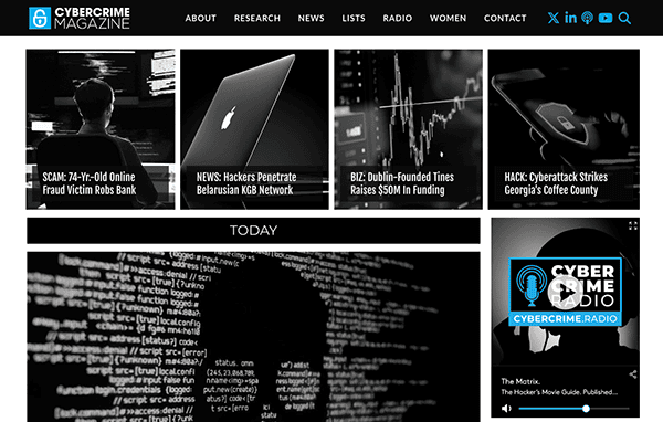 Website screenshot of cybercrime magazine page with articles on hacking news, a video about atm hacks, and various cybersecurity topics.