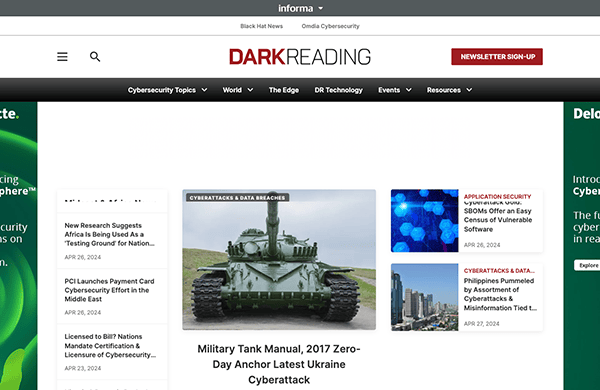 Screenshot of a cybersecurity news website displaying articles on data breaches, military tank imagery, and app security, with a green navigation bar at the top.