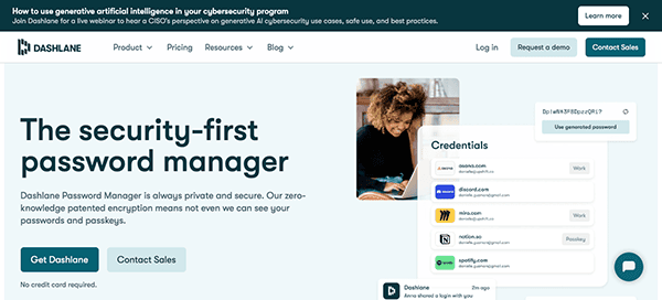 Screenshot of dashlane password manager website homepage featuring text about security-first management, images of the interface, and a photo of a woman using a computer.