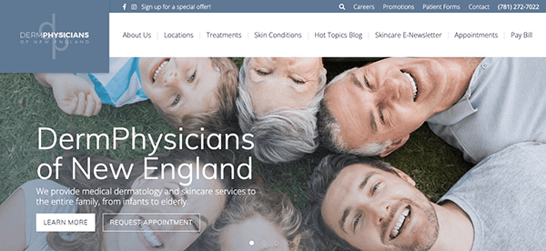 Website homepage for derm physicians of new england featuring a banner with a diverse group of smiling people lying on grass, and links to services and contact information.