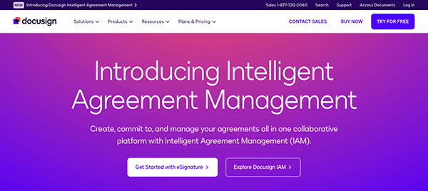 Homepage of docusign website featuring the headline "introducing intelligent agreement management" with a purple background and navigation bar.