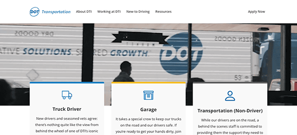 A website interface for dot transportation featuring tabs like "about dot," job listings, and promotion of truck driving careers with a blurred image of a truck in the background.