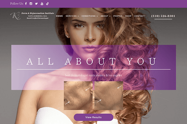 Website banner of a dermatology clinic featuring a close-up of a woman with flowing curly hair and the text "all about you" overlaid.