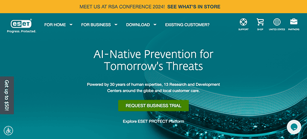 Website homepage of eset featuring promotional information for ai-native prevention, including buttons for requesting a business trial and exploring protection, set against a digital backdrop.