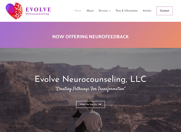 Website homepage of evolve neurocounseling, llc featuring a scenic canyon backdrop with a "now offering neurofeedback" banner and navigation menu.