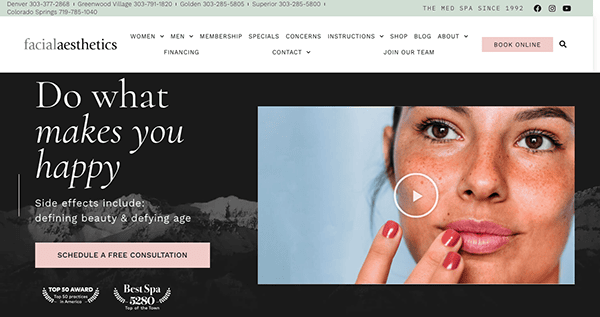 Website homepage for facial aesthetics med spa, featuring a close-up image of a woman's face with a play button overlay for a video, and text encouraging viewers to "do what makes you happy.