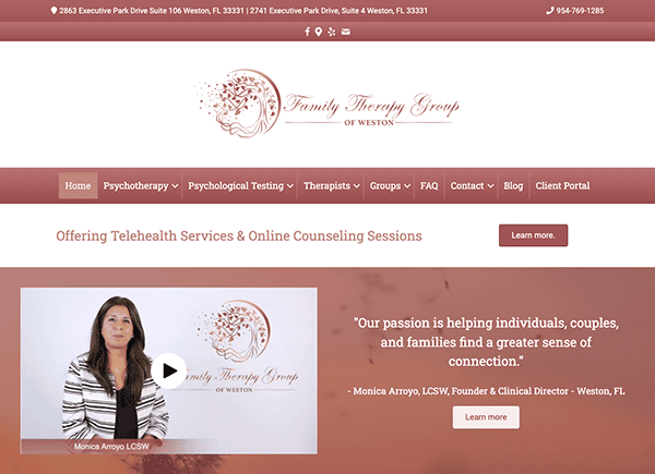 A screenshot of the family therapy group website featuring a banner with contact information, navigation tabs, and an image of a woman, identified as monica arroyo, with a quote about the group's mission.