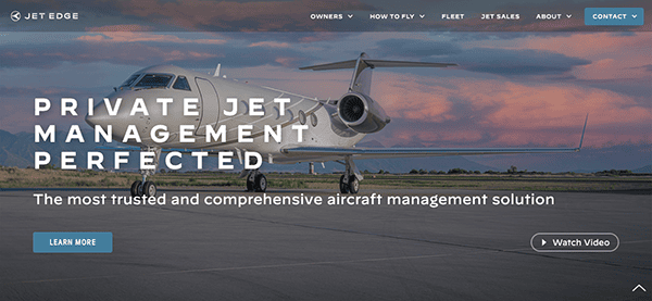 Homepage of jet edge featuring a private jet on a runway at sunset with text overlay about private jet management services.